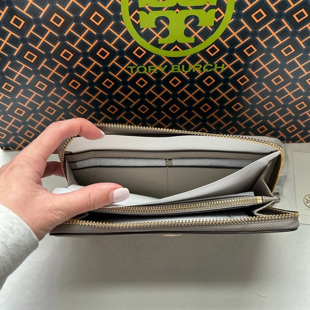 Tory Burch Walker Zip Continental Wallet Gray Heron Gold Grey